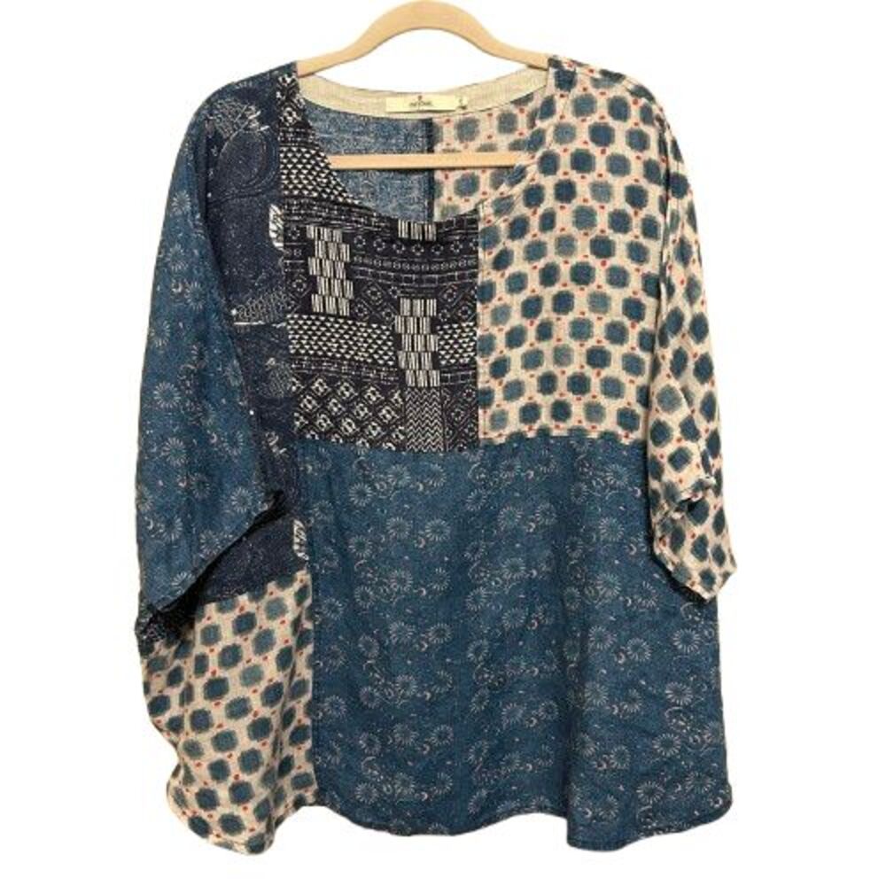 Cheyenne 100% Linen Doman Top Womens L/XL Mixed Patchwork Koi Fish Floral Geo